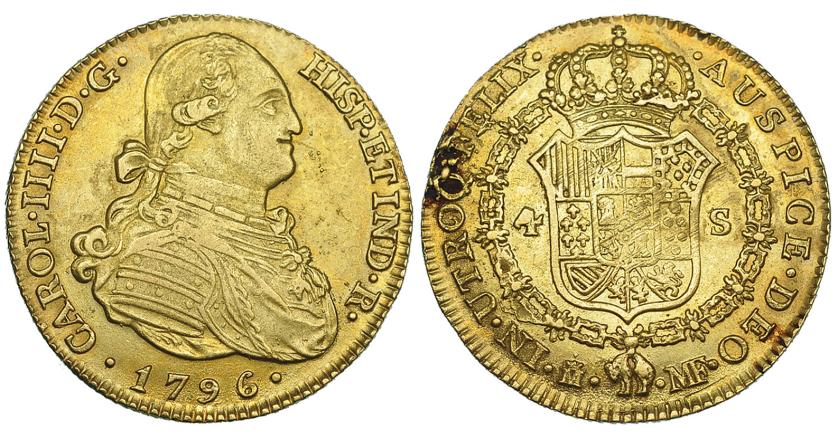 553   -  4 escudos. 1796. Madrid. MF. VI-1199. Adherencia y rayitas de ajuste en rev. MBC+.