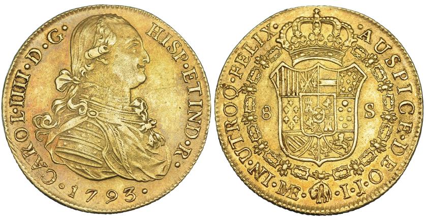 555   -  8 escudos. 1793. Lima. IJ. VI-1299. Pátina rojiza. MBC+.