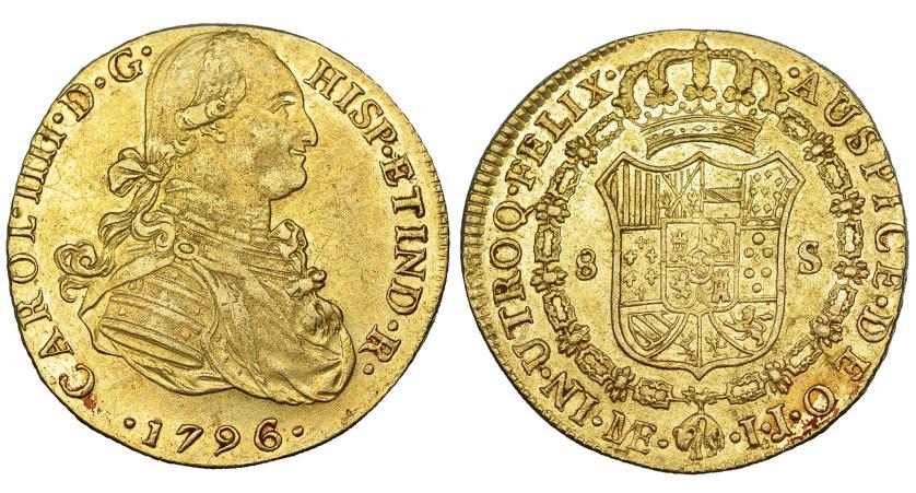 556   -  8 escudos. 1796. Lima. IJ. VI-1302. Ligeramente descentrada. Pequeñas marcas. Rayitas de ajuste en rev. R.B.O. MBC+.