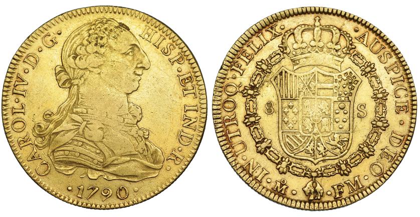 557   -  8 escudos. 1790. México. FM. Numeral IV. VI-1325. Pequeñas marcas. MBC-/MBC.