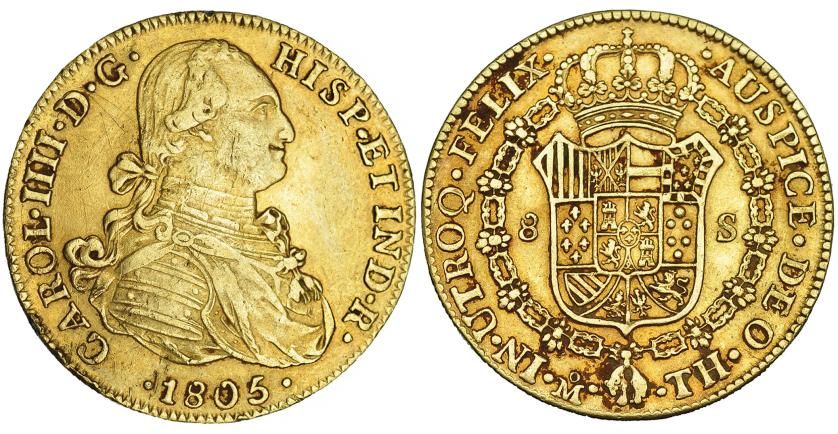 563   -  8 escudos. 1805. México. TH. VI-1342. Golpecitos en canto y pequeñas rayas. MBC+.