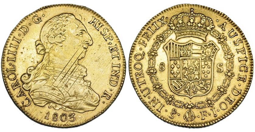 576   -  8 escudos. 1803. Santiago. FJ. VI-1429. Fina raya y rayas de ajuste en anv. Limpiada. MBC.