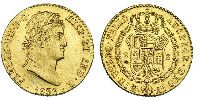 587   -  2 escudos. 1833. Madrid. AJ. VI-1356. Hojita en rev. EBC-.