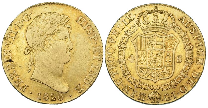 589   -  4 escudos. 1820. Madrid. GJ. VI-1425. Hojita en anv. MBC.