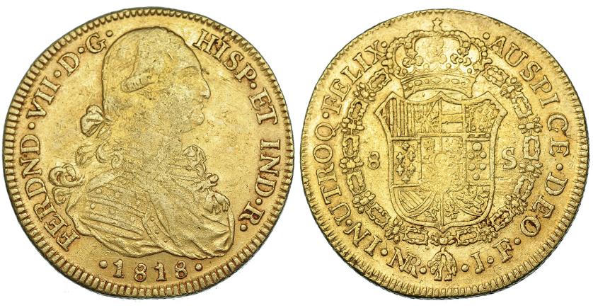 598   -  8 escudos. 1818. Nuevo Reino. JF. VI-1507. Pequeñas marcas. MBC-/MBC.