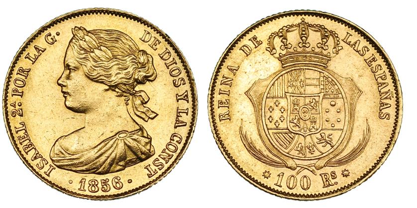 610   -  100 reales. 1856. Barcelona. VI-632. Golpecito en canto. EBC. Muy rara. 