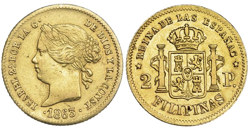 624   -  2 pesos. 1863. Manila. VI-681. Pequeñas marcas. MBC+.