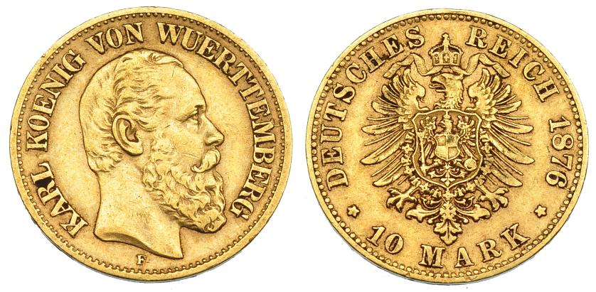 694   -  ESTADOS ALEMANES. WURTEMBERG. 10 marcos. 1876-F. KM-624. MBC+.