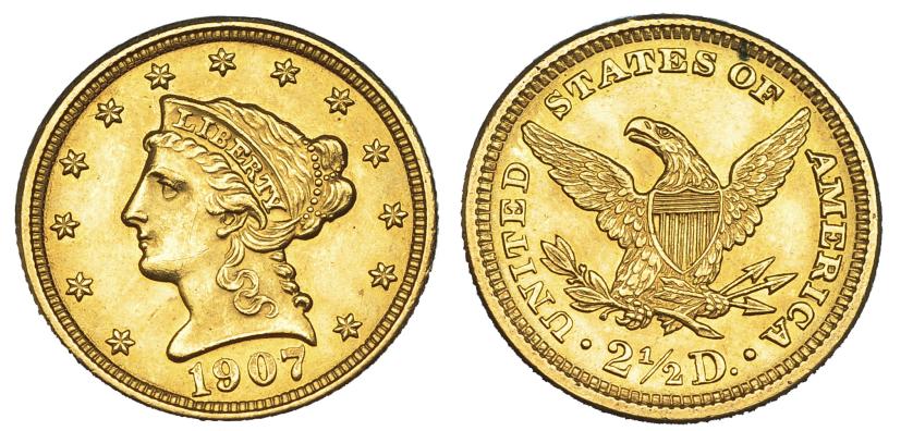 708   -  ESTADOS UNIDOS DE AMÉRICA. 2,5 dólares. 1907. KM-72. Pequeñas marcas. EBC+.