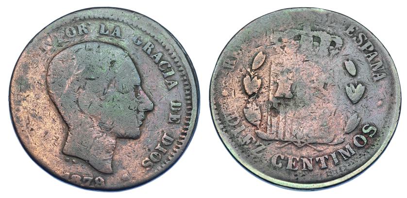 3124   -  10 céntimos. 1879. Barcelona. OM. Falsa de época. Descentrada. Barrera 977. BC-.