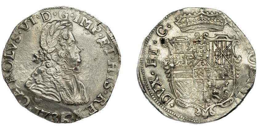 493   -  CARLOS III, PRETENDIENTE. Felipe. 1736. Milán. CR-33/11C. Olivares-299. Porosidades y pequeñas marcas. MBC+/EBC-. Rara. 