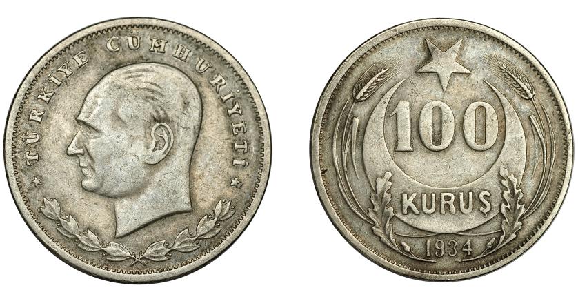 747   -  TURQUÍA. 100 kurus. 1934. KM-860.1. MBC-/MBC.