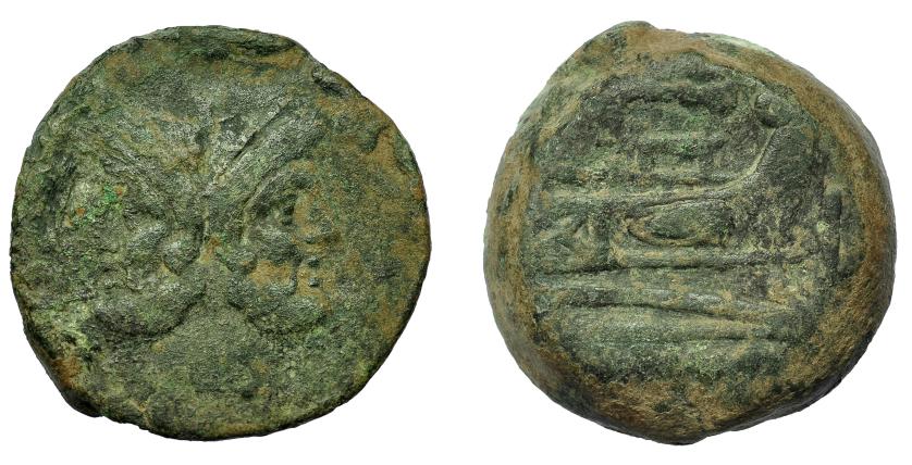 2149   -  REPÚBLICA ROMANA. Acuñaciones anónimas. As. Sudeste de Italia (208 a.C.). A/ Cabeza de Jano bifronte. R/ Proa a der., encima maza y a der. valor I. AE 4,68 g. 36,1 mm. CRAW-89.3. Pátina verde. BC-.