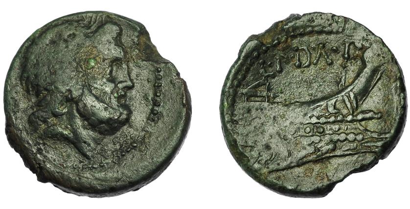 2150   -  REPÚBLICA ROMANA. Acuñaciones anónimas. Semis. Roma (91 a.C.). A/ Cabeza de Saturno laureada a der. R/ Proa a der.; L P D A P. AE 6,97 g. 20,9  mm. CRAW-338.2. Vanos. Pátina oscura. MBC-.