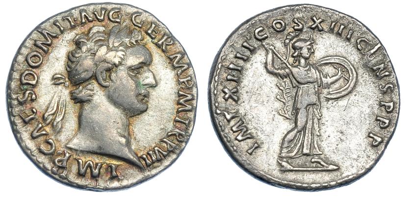 2205   -  IMPERIO ROMANO. DOMICIANO. Denario. Roma (87). A/ Cabeza laureada a der.; IMP CAES DOMIT AVG GERM P M TR P VII. R/ Minerva avanzando a der. con lanza y escudo; IMP XIIII COS XIII CENS P P P. AR 3,36 g. 19,2 mm. RIC-517. MBC.