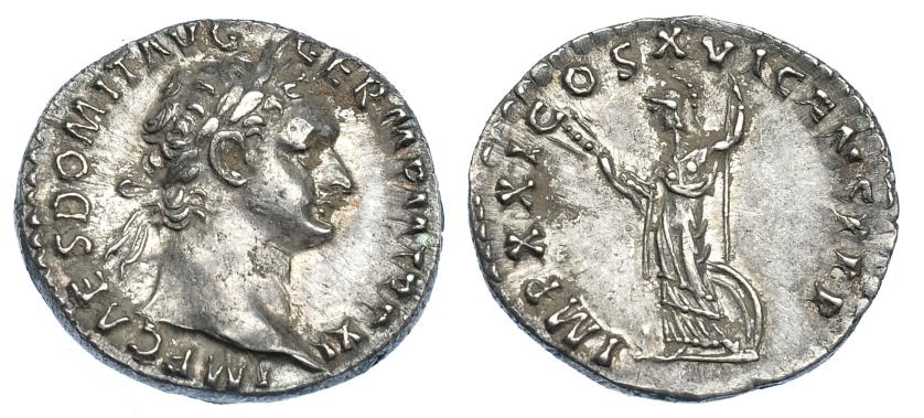 2208   -  IMPERIO ROMANO. DOMICIANO. Denario. Roma (92). A/ Cabeza laureada a der.; IMP CAES DOMIT AVG GERM P M TR P XI. R/ Minerva a izq.con haz de rayos, lanza y escudo a sus pies a a der.; IMP XXI COS XVI CENS PPP. AR 3,40 g. 18,7 mm. RIC-732. Pequeñas marcas. EBC-.