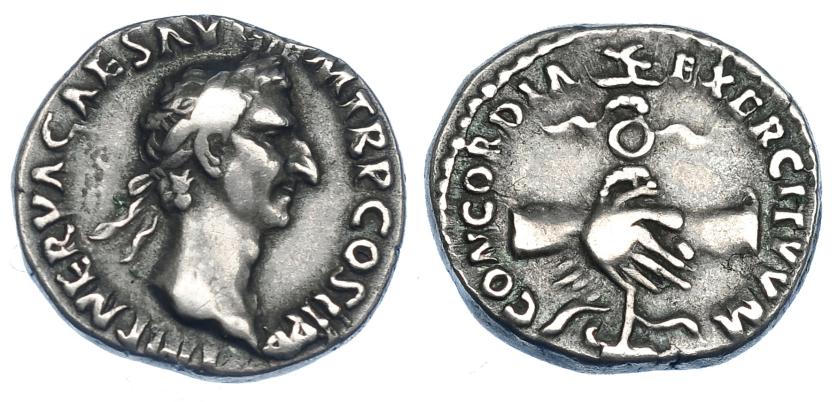 2219   -  IMPERIO ROMANO. NERVA. Denario. Roma (97 d.C.). A/ Cabeza laureada a der.; IMP NERVA CAES AVG P M TR P COS P P. R/ Manos saludándose y sosteniendo estandarte sobre proa; CONCORDIA EXERCITVM. AR 3,56 g. 17,7 mm. RIC-15. MBC.