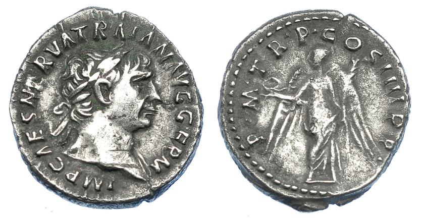 2225   -  IMPERIO ROMANO. TRAJANO. Denario. Roma (102). A/ Cabeza laureada a der. R/ Victoria de frente con corona y palma; P M TR P COS IIII P P. AR 3,18 g. 28,9 mm. RIC-58. Rayitas. MBC/MBC-.