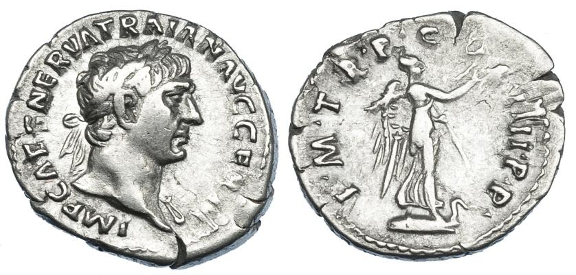 2226   -  IMPERIO ROMANO. TRAJANO. Denario. Roma (101-102). R/ Victoria sobre proa a der.; P M TR P COS IIII P P. AR 2,91 g. 20 mm. RIC-59. Cospel abierto. MBC-.