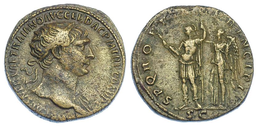 2235   -  IMPERIO ROMANO. TRAJANO. Dupondio. Roma (105-107). A/ Cabeza radiada a der. Con manto sobre el hombro izq.; IMP CAES NERVAE TRAIANO AVG GER DAC P M TR P COS V P P. R/ Victoria a izq. coronando al emperador;  SPQR OPTIMO PRINCIPI, exergo SC. AE 13,10 g. 27,2 mm. RIC-550. MBC.