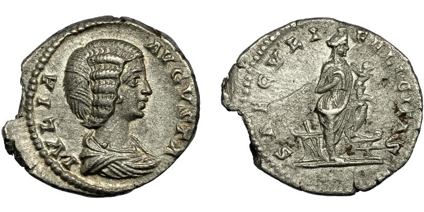 2268   -  IMPERIO ROMANO. JULIA DOMNA. Denario. Roma (196-211). R/ Isis a der. con pie sobre proa sujetando a Horus; SAECVLI FELICITAS. AR 2,71 g. 19 mm. RIC-577. Raya en rev. MBC+/MBC.