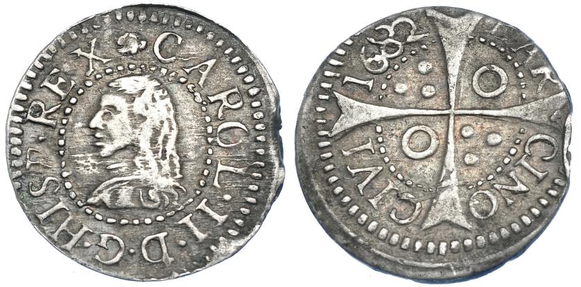 2537   -  CARLOS II. Croat. 1682. Barcelona. AC-209. Defecto de cospel en el canto. MBC.