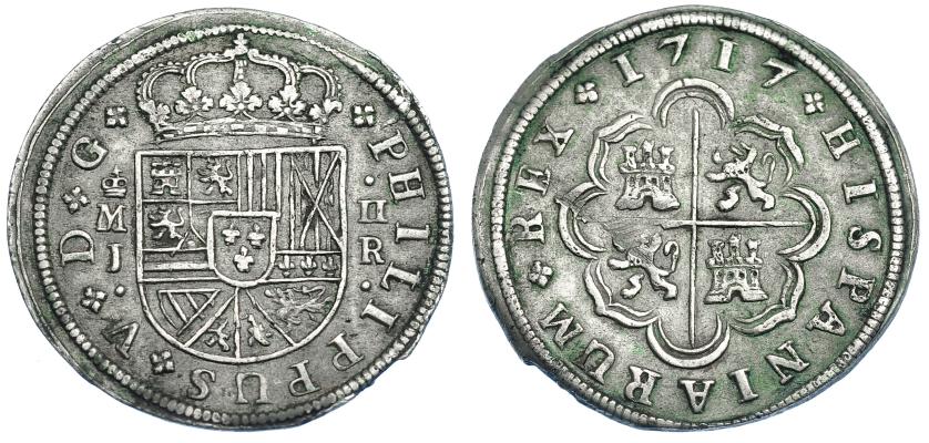 2550   -  FELIPE V. 2 reales. 1717. Madrid. J. VI-629. Defecto de cospel en canto y golpe en rev. MBC+.