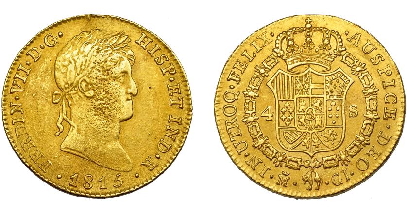 2582   -  FERNANDO VII. Fundición antigua. 4 escudos. 1815. Madrid. GJ. Similar a VI-1421. AU 12,03 g. Limadura en canto. MBC. Ex col. "Chicho" Ibáñez Serrador. 