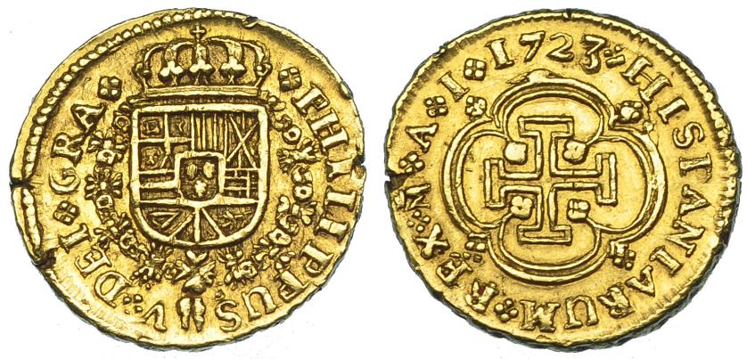 1078   -  FELIPE V. Escudo. 1723. Madrid. A. VI-1330. Pequeños defectos de cospel en canto. MBC+. Muy rara.