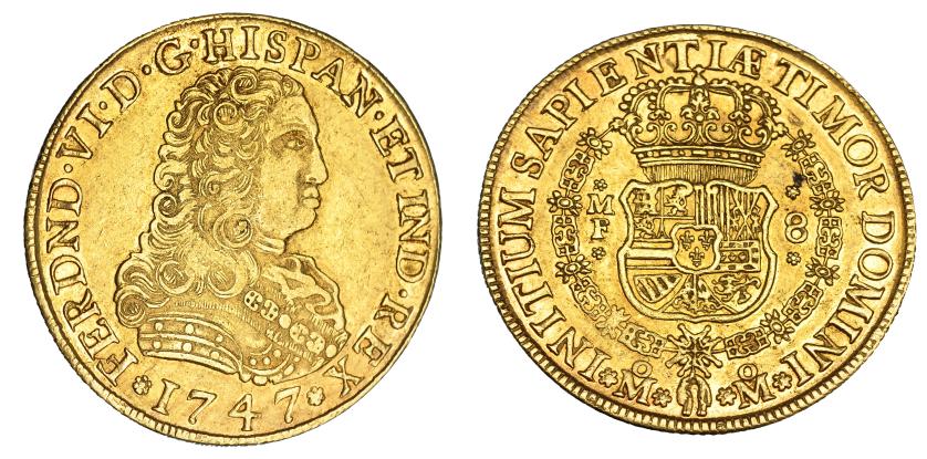 1084   -  FERNANDO VI. 8 escudos. 1747. México. MF. VI-597. R.B.O. MBC+/EBC-. Rarísima.