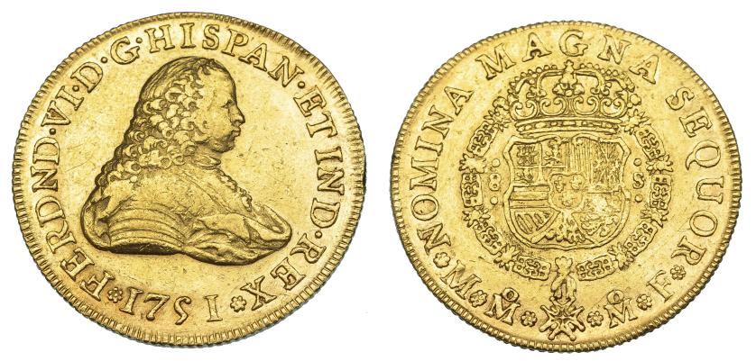 1085   -  FERNANDO VI. 8 escudos. 1751. México. MF. VI-601. Pequeñas marcas. R.B.O. MBC+. Rara.