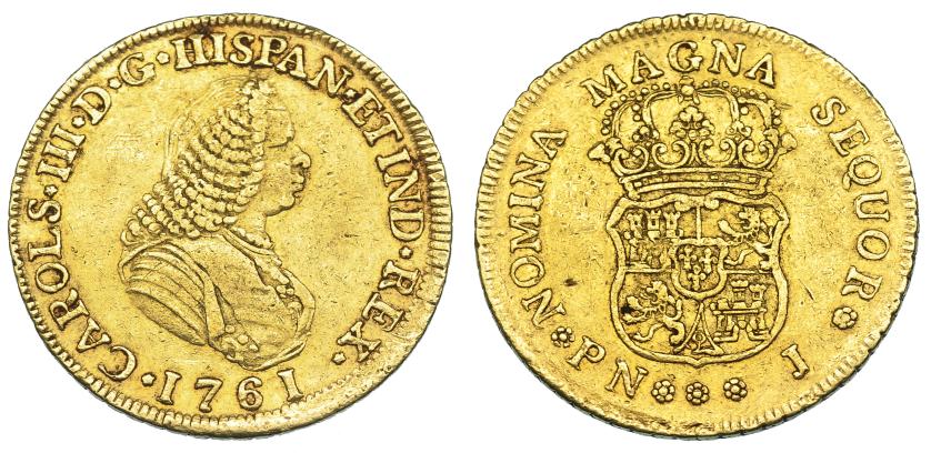 1097   -  CARLOS III. 4 escudos. 1761. Popayán. J. VI-1516. Golpecitos en anv. y rev. MBC-. Rara.