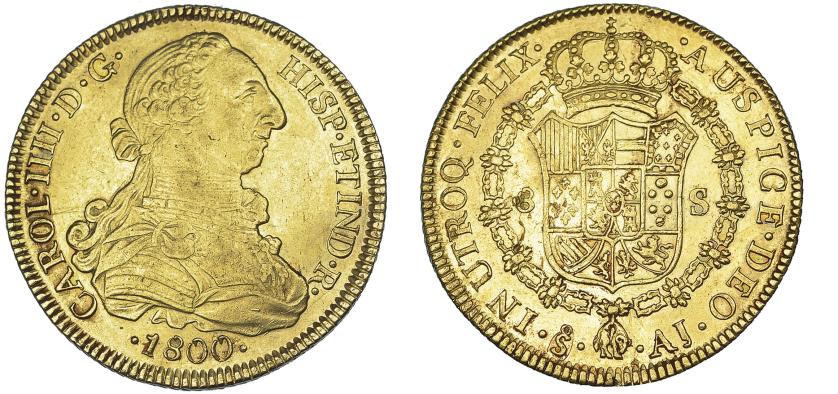 1124   -  CARLOS IV. 8 escudos. 1800. Santiago. AJ. VI-1426. Pequeñas marcas de ajuste. MBC+. Escasa.