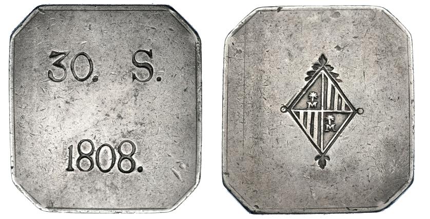 1136   -  FERNANDO VII. 30 sous. 1808. Palma de Mallorca. VI-1106. Mismo ejemplar ilustrado "El duro" de Herrera 151, lám. V, nº 3. MBC. Muy rara.