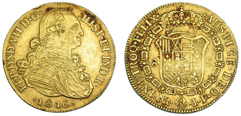 1142   -  FERNANDO VII. 8 escudos. 1816. Nuevo Reino. JF. VI-1505. Golpecitos en canto y anv. MBC.