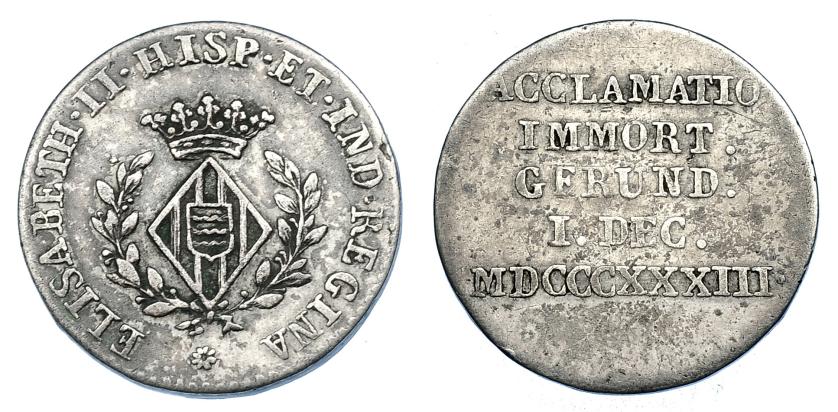 1146   -  ISABEL II. Medalla de Proclamación. 1833. Gerona. AR. 18 mm. H-12. MBC/MBC-.