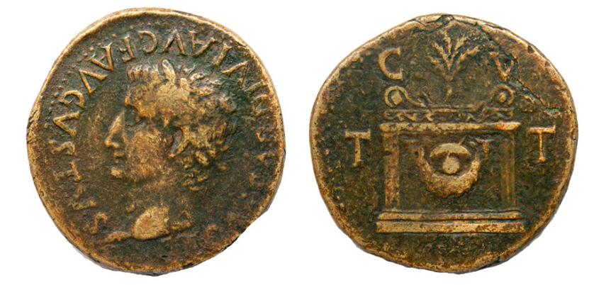 115   -  TARRACO. Sestercio. Tiberio. A/ Cabeza laureada a izq., TI CAESAR DIVI AVG F AVGVSTVS. R/ Altar con palmas; C-V/T-T. AE 22,46 g. 34 mm. RPC-225. APRH-225. ACIP-3264. CC-4491, mismo ejemplar. MBC-. Rara.