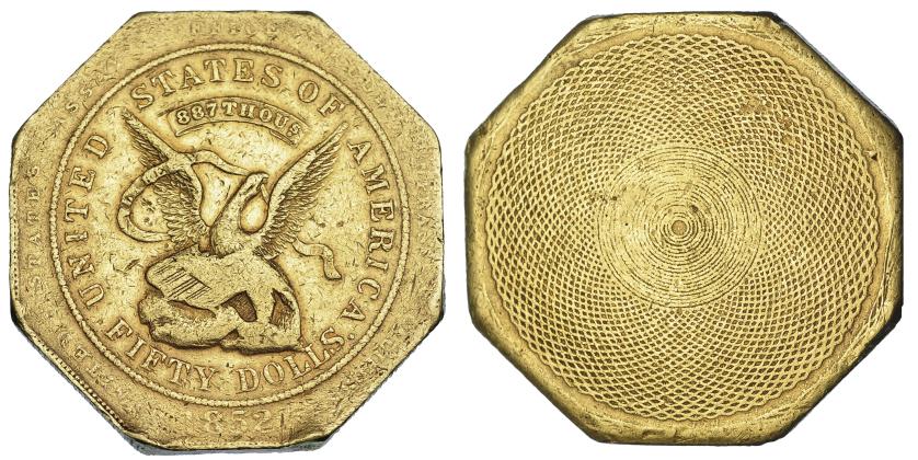 1226   -  ESTADOS UNIDOS DE AMÉRICA. 50 dólares. 1852. KM-32.2. Golpes en canto y pequeñas marcas. MBC-. Encapsulada por NGC VF-35. Ex col. 