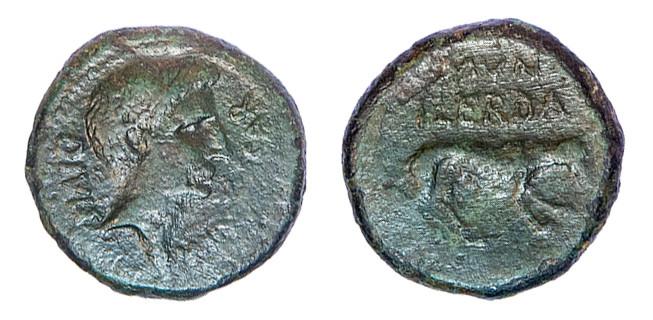 161   -  ILERDA. As. Augusto. A/ Cabeza a der.; (IMP CAE)SAR DIVI F. R/ Loba a der.; MVN/ILERDA. AE 10,76 g. 24 mm. RPC-259. APRH-259. ACIP-3198. CC-4552, mismo ejemplar. Pátina verde oscuro. MBC-/BC+. Muy escasa.