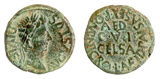 206   -  CELSA. Semis. Augusto. A/ Cabeza laureada a der.; AVGVSTVS DIVI F. R/ AED/ C V I/ CELSA, alrededor L AVFID PANSA SEX POMP NIGRO. AE 5,55 g. 21 mm. RPC-276. APRH-276. ACIP-3167. CC-4629, mismo ejemplar. Pátina verde claro. MBC-/MBC. Rara.