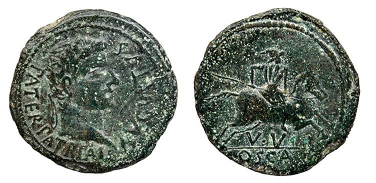 232   -  OSCA. As. Augusto. A/ Cabeza laureada a der.; AVGVSTVS PATER PATRIAI. R/ Jinete lancero a der.; debajo V V/ OSCA. AE 12,57 g. 29 mm. RPC-289. APRH-289. ACIP-3217. CC-4668, mismo ejemplar. Pátina verde. Fina raya en anv. MBC/MBC-. Muy escasa.