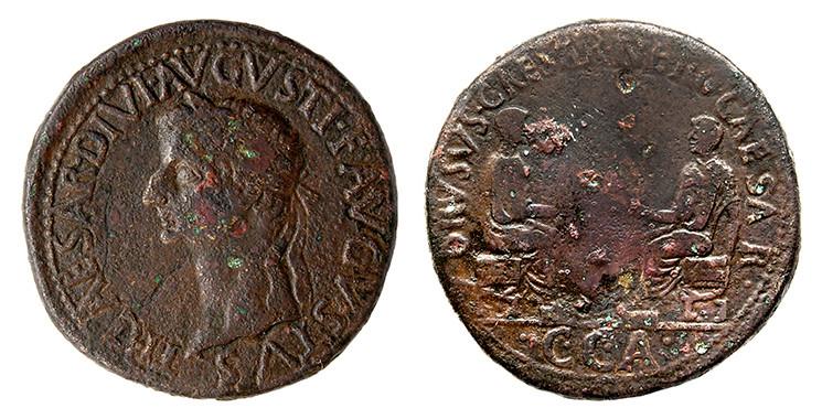 294   -  CAESARAUGUSTA. Dupondio. Tiberio. A/ Cabeza laureada a der.; TI CAESAR DIVI AVGVSTI F AVGVSTVS. R/ Nerón y Druso sentados afrontados, debajo C C A; DRVSVS CAESAR NERO CAESAR. AE 12,50 g. 29 mm. RPC-342. APRH-342, esta moneda. ACIP-3068. CC-4755, mismo ejemplar. Pequeñas marcas. BC+. Rara.