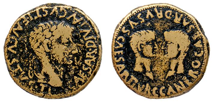 296   -  CAESARAUGUSTA. As. Tiberio. A/ Cabeza laureada a der.; TI CAESAR DIVI AVGVSTI F AVGVSTVS. R/ Cabezas afrontadas de Nerón y Druso; C C A NERO CAESAR DRVSVS CAESAR II VIR. AE 14,83 g. 28 mm. RPC-343. APRH-343h. ACIP-3069g. CC-4757, mismo ejemplar. BC+. Rara.