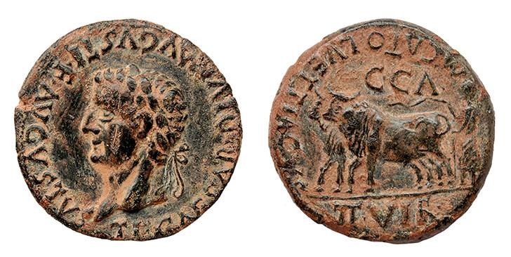 302   -  CAESARAUGUSTA. As. Tiberio. A/ Cabeza laureada a izq.; TI CAESAR DIVI AVGVSTI F AVGVSTVS. R/ Yunta fundacional a izq., encima C C A, debajo II VIR; M CATO L VETTIACVS. AE 12,67 g. 27 mm. RPC-349. APRH-349. ACIP-3075. CC-4763, mismo ejemplar. Rayita. Pátina verde oscuro. MBC+. Escasa.