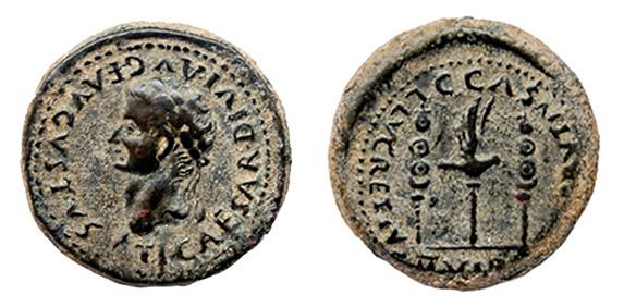 306   -  CAESARAUGUSTA. Semis. Tiberio. A/ Cabeza laureada a izq.; TI CAESAR DIVI AVG F AVGVSTVS. R/ Aquila entre dos signa. Encima del aquila C C A; SEX AEBVTIVS LVCRETIVS II VIR. AE 6,73 g. 21 mm. RPC-353. APRH-353a, esta moneda. ACIP-3080, esta moneda. CC-4768, mismo ejemplar. Pátina verde oscuro. MBC. Rara.