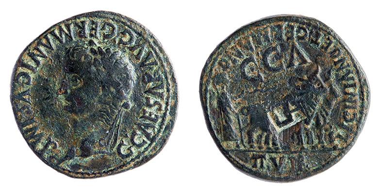 324   -  CAESARAUGUSTA. As. Calígula A/ Cabeza laureada a izq.; G CAESAR AVG GERMANICVS IMP. R/ Yunta funacional a der., encima C C A; LICINIANO ET GERMANO II VIR. Contraamrca LA. AE 12,84 g. 30 mm. RPC-371. APRH-371b. ACIP-3100a. CC-4795, mismo ejemplar. Pátina oscura. BC+.