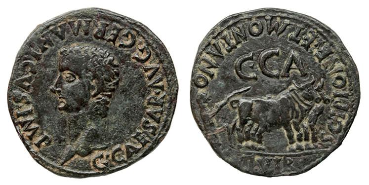 326   -  CAESARAUGUSTA. As. Calígula. A/ Cabeza a izq.; G CAESAR AVG GERMANICVS IMP. R/ Yunta fundacional a der., encima C C A, alrededor SCIPIONE ET MONTANO II VIR. AE 13,13 g. 29 mm. RPC-374. APRH-374b. ACIP-3103a. CC-4798, mismo ejemplar. Pátina oscura. MBC/MBC+. Escasa.