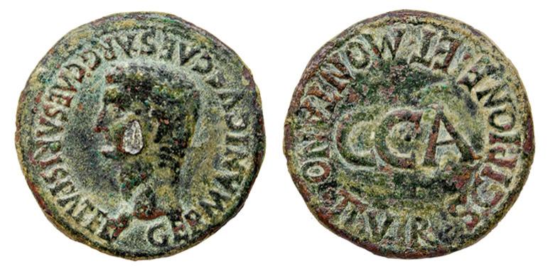 328   -  CAESARAUGUSTA. Dupondio. Calígula. A/ Cabeza laureada a izq.; GERMANICVS CAESAR G CAESARIS PATER. R/ C C A, alrededor SCIPIONE ET MONTANO II VIR. AE 13,31 g. 30 mm. RPC-377. APRH-377. ACIP-3106. CC-4800, mismo ejemplar. Trazas de limpieza mecánica. Pátina verde. BC+. Rara.