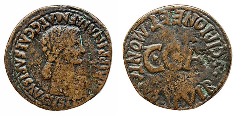 329   -  CAESARAUGUSTA. Dupondio. Calígula. A/ Cabeza de Agripina a der.; AGRIPPINA M F MAT G CAESARIS AVGVSTI. R/ C C A, alrededor SCIPIONE ET MONTANO II VIR. AE 11,07 g. 29 mm. RPC-380. APRH-380. ACIP-3107. CC-4802, mismo ejemplar. BC+. Rara.