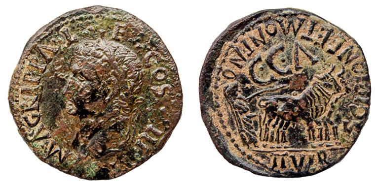 330   -  CAESARAUGUSTA. As. Calígula. A/ Cabeza de Agripa con corona rostral a izq., M AGRIPPA L F COS III. R/ Yunta fundacional a der., encima C C A, alrededor SCIPIONE ET MONTANO/ II VIR. AE 12,68 g. 30 mm. RPC-S5-I-381/28, esta moneda. APRH-381a vte. ACIP-3108b, esta moneda. CC-4803, mismo ejemplar. Pátina rojiza rugosa. MBC-/MBC. Escasa.